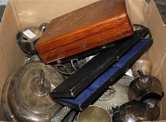 A quantity of plated ware including entree dishes, cased sets of cutlery and a spoon warmer
